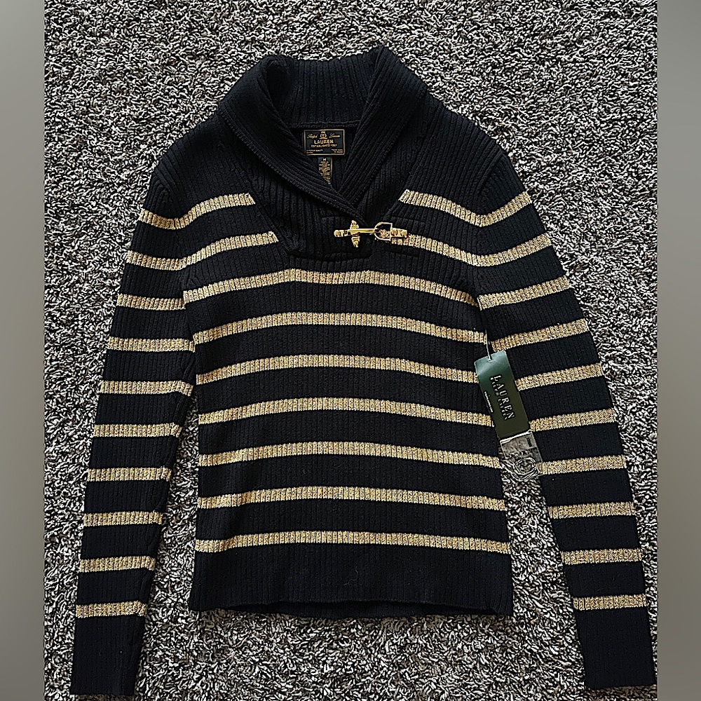 Ralph Lauren Womens M Black Label Crown Metallic Gold Stripe Shawl Neck Sweater